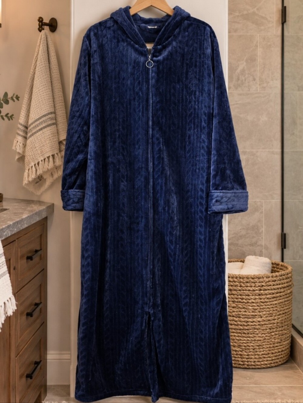 Navy Blue Plush Hooded Full Length Zip Robe